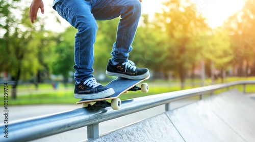 Skateboarder grinding on a handrail photo