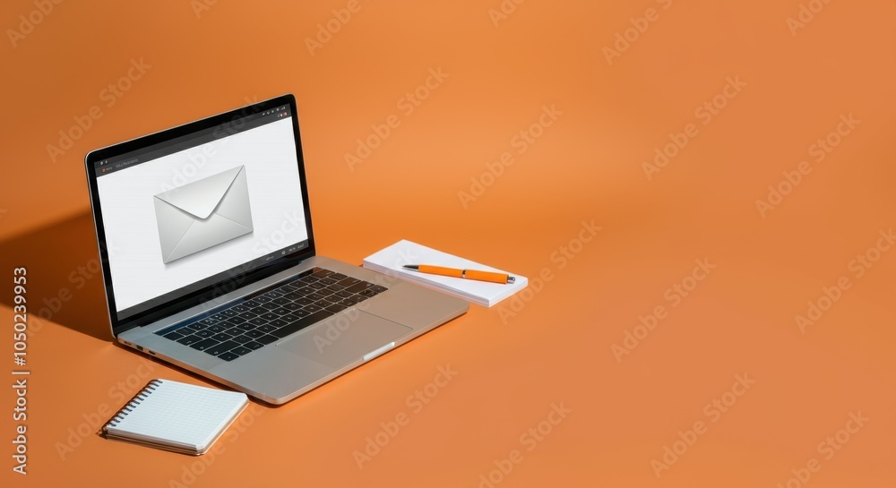 Laptop computer, mail icon, notepad, pen on orange background Laptop computer, mail icon, notepad, pen on orange background