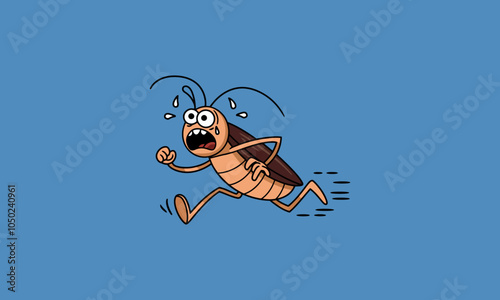 Frightened cockroach cartoon running and sweating in panic.