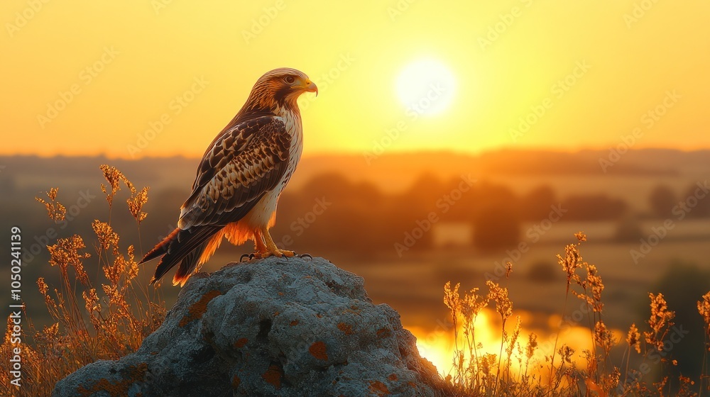 Fototapeta premium A hawk perched on a rock with the setting sun in the background.