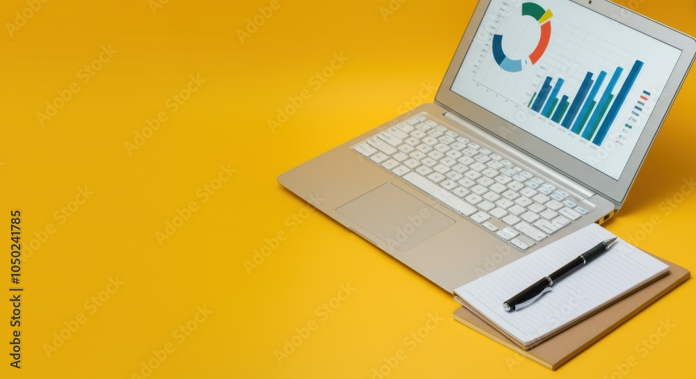 Laptop with graphs and notebook on yellow background Laptop with graphs and notebook on yellow background