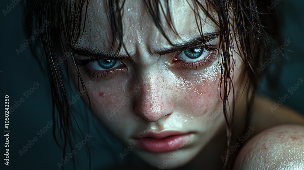 Fototapeta premium Close-up of young woman with intense, troubled expression