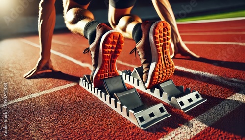 Wallpaper Mural Athlete Feet in Starting Blocks on Track Torontodigital.ca