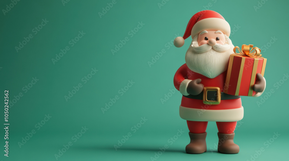 Obraz premium A cheerful cartoon Santa Claus stands against a teal background, holding a present, embodying the festive spirit of Christmas.