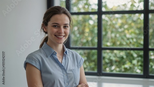 Free Download Smiling Woman in Blue Shirt Standing by Window - GFXLoad