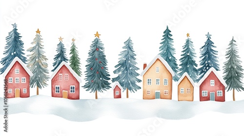 Watercolor village and Christmas minimalistic card with forest and and snow. 