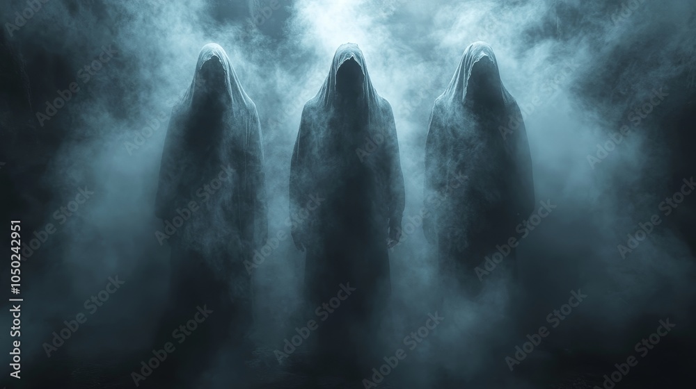 custom made wallpaper toronto digitalThree hooded figures standing in a misty, dark forest