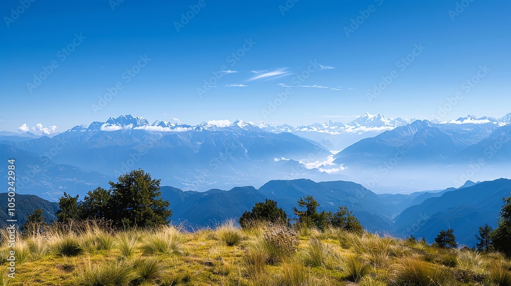 Obraz premium A scenic view of a mountain range with a blue sky and a grassy field in the foreground.