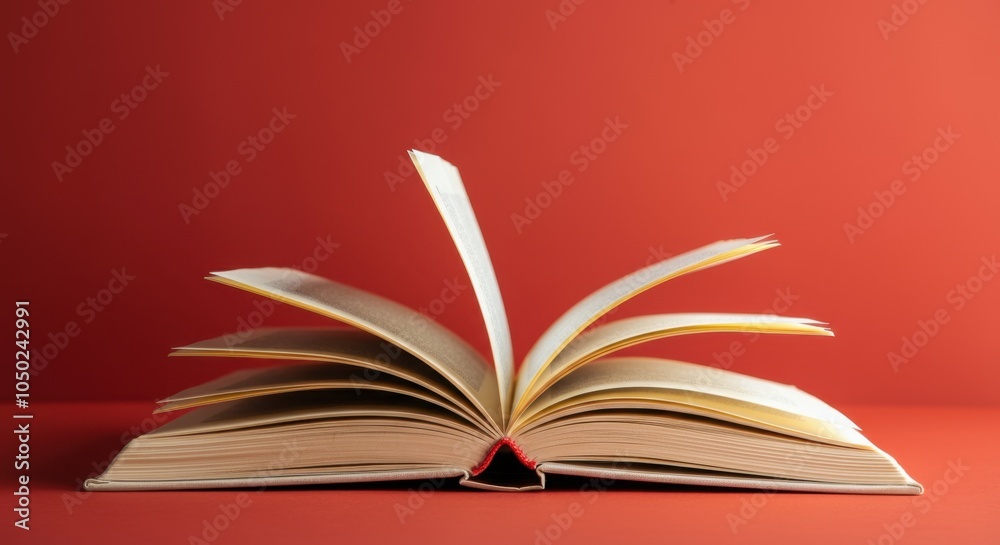 Naklejka premium Open book against red background, pages flipping in mid-air