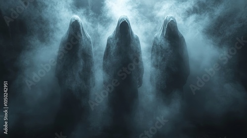 Wallpaper Mural Three hooded figures standing in a misty, dark forest Torontodigital.ca