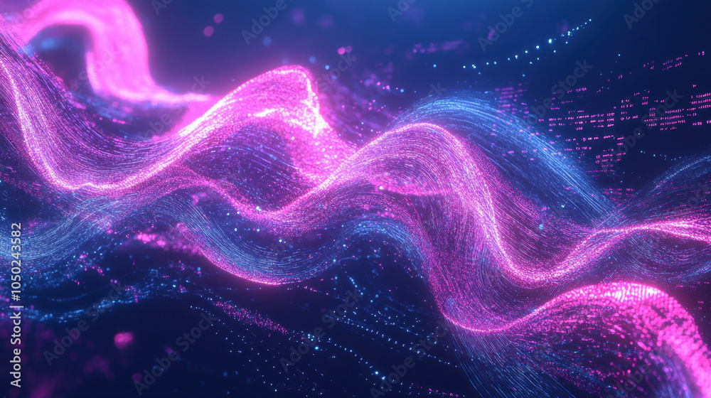 A vibrant wave of pink and blue light dances against a dark background, creating a mesmerizing digital effect. A vibrant wave of pink and blue light dances against a dark background, creating a mesmerizing digital effect.