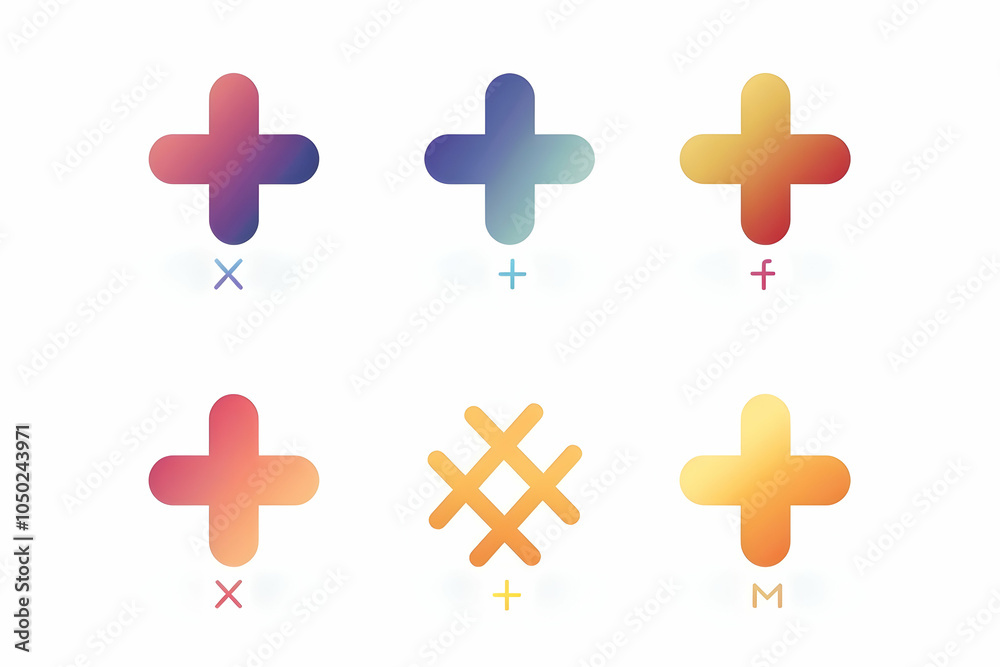 Obraz premium Six colorful plus signs with different gradient colors and icons below.