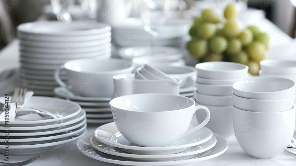 A table setting with white plates, bowls, and cups, along with a bunch of green grapes. A table setting with white plates, bowls, and cups, along with a bunch of green grapes.