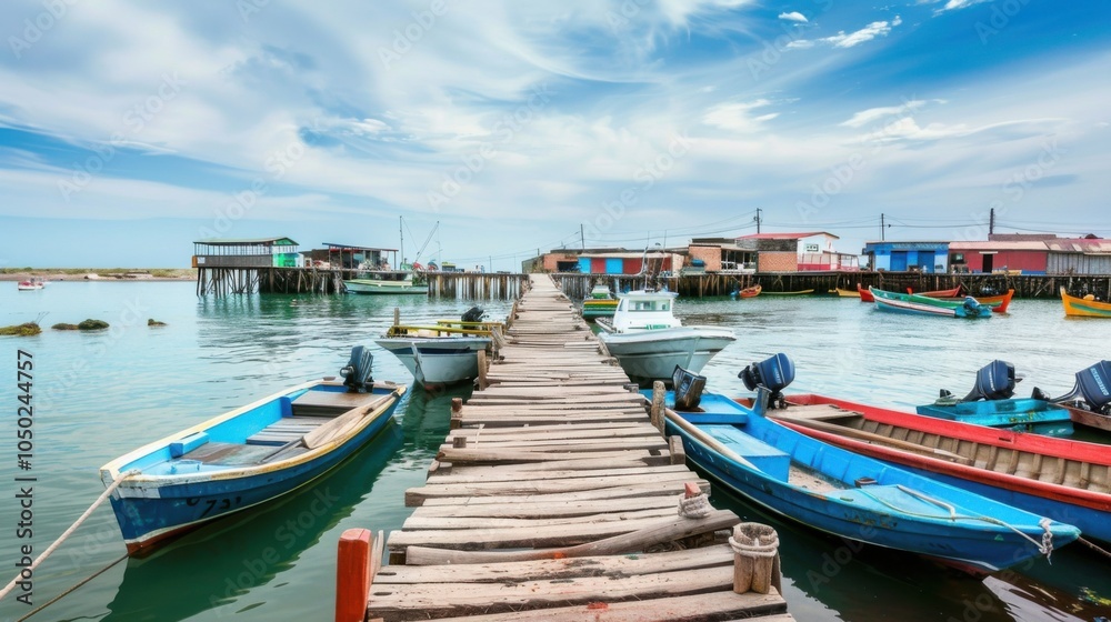 A charming fishing village with colorful boats docked along a rustic wooden pier, coastal setting with vibrant colors, Nautical style A charming fishing village with colorful boats docked along a rustic wooden pier, coastal setting with vibrant colors, Nautical style