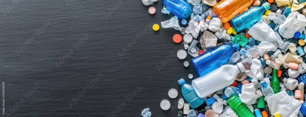 A vibrant collection of plastic waste ready for recycling and transformation into new materials on a dark surface A vibrant collection of plastic waste ready for recycling and transformation into new materials on a dark surface