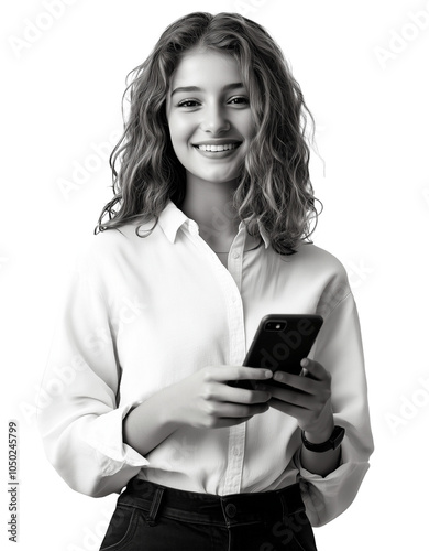 Attractive blonde holding a phone in her hands on white transparent isolated background, png