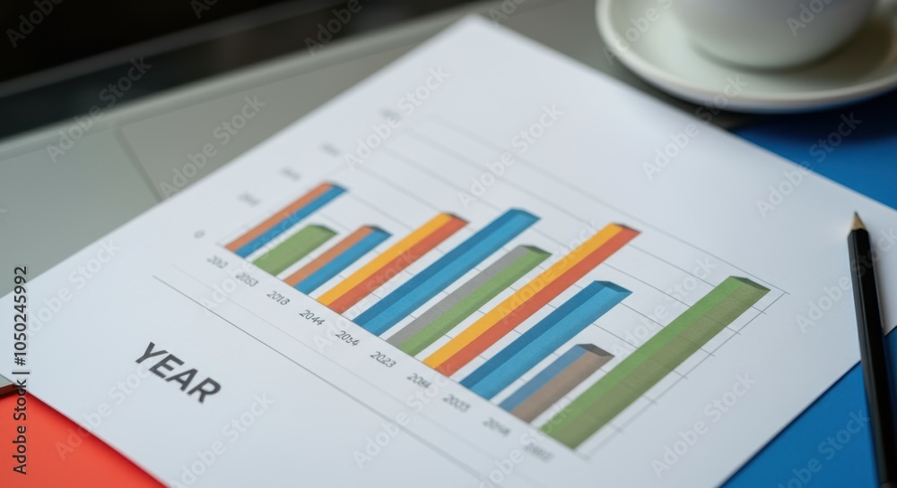Colored bar chart showing annual statistical data comparison on paper Colored bar chart showing annual statistical data comparison on paper