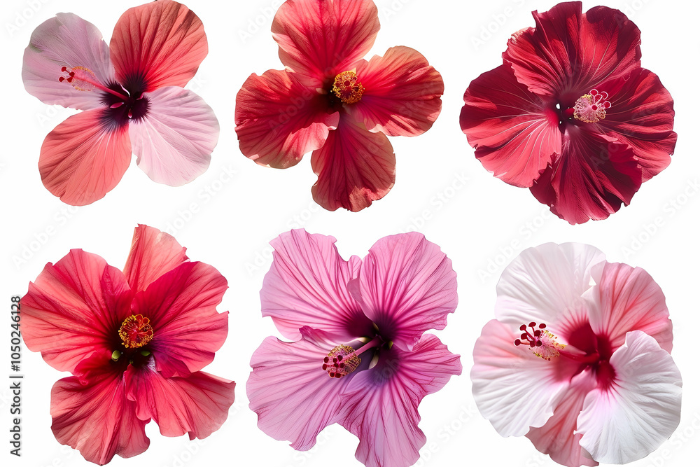 Six hibiscus flowers in various shades of pink and red isolated on a white background. Six hibiscus flowers in various shades of pink and red isolated on a white background.
