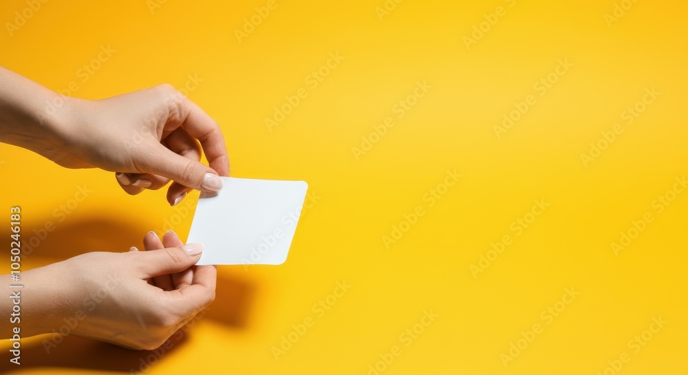 Obraz premium Hands holding blank business card against yellow background
