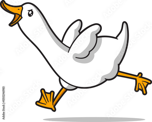 Silly goose running in an attack stance, cartoon illustration isolated on white.
