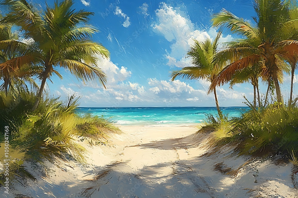 Obraz premium Digital Art Palm Trees Frame Tranquil Sandy Path to Azure Ocean