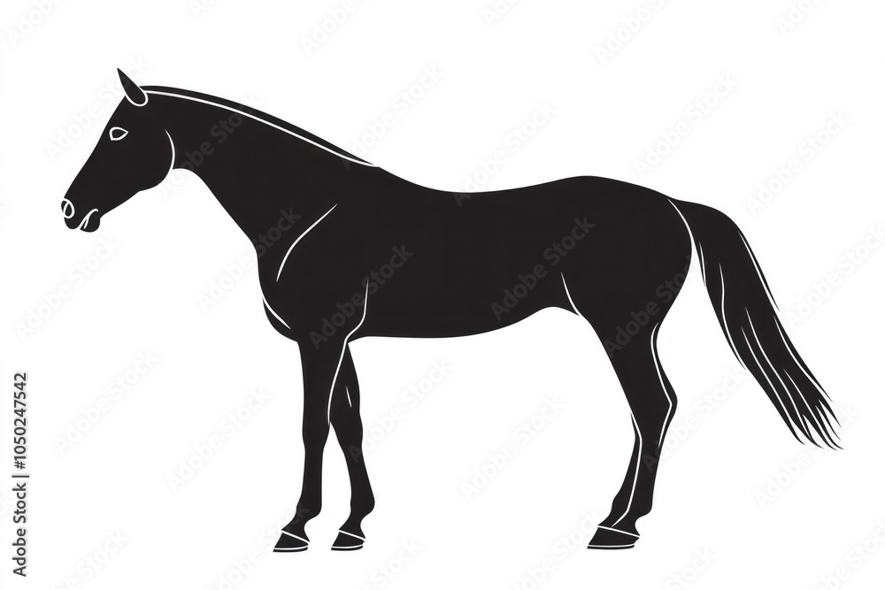 This minimalist silhouette art captures a standing horse in black, highlighting its poised stance and graceful presence, embodying simplicity and elegance in monochrome. This minimalist silhouette art captures a standing horse in black, highlighting its poised stance and graceful presence, embodying simplicity and elegance in monochrome.