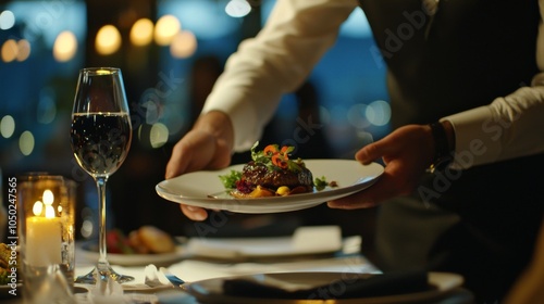 Serving Dinner, Waiter elegantly serving beautifully plated dish to guests at fine dining restaurant