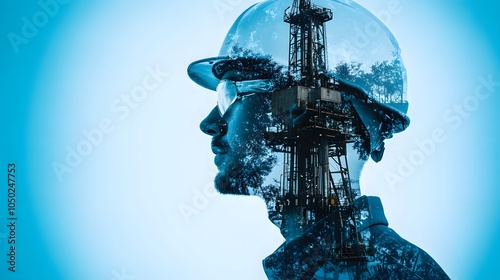 Worker with Equipment and Oil Rig Silhouette