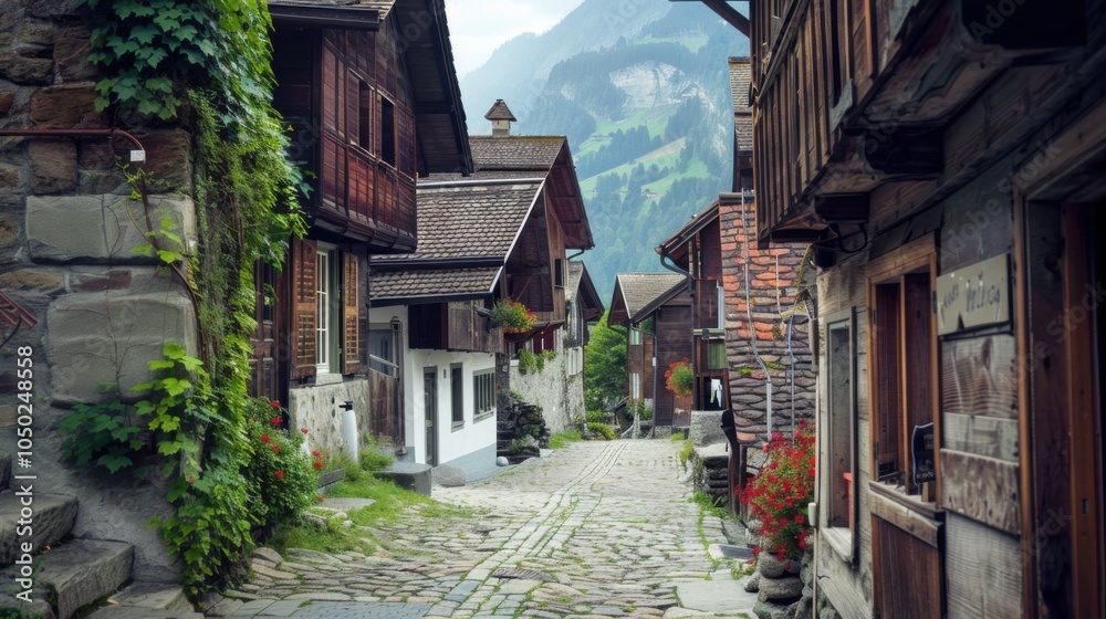 Fototapeta premium A charming medieval village in the Swiss Alps with cobblestone streets and traditional wooden houses, alpine setting with picturesque beauty, Classic style