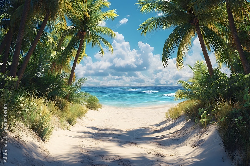 Fototapeta premium Palm Grove Path to Tranquil Turquoise Water