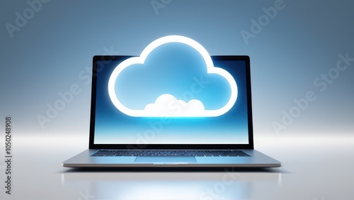 A glowing cloud icon hovering above a laptop, symbolizing seamless cloud backup and data recovery. Ideal for illustrating cloud computing, remote storage, and IT security solutions.