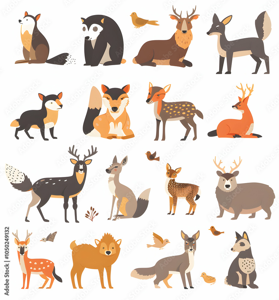 A collection of 18 cartoon woodland animals including deer, foxes, wolves, and a bear. A collection of 18 cartoon woodland animals including deer, foxes, wolves, and a bear.