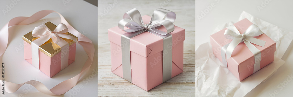 Obraz premium Pink gift box with silver ribbon. Collection of classic luxury gift boxes with elegant ribbons. Set of gift preset boxes with ribbon of various styles. Perfect for any celebration occasion project.
