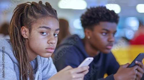 Diverse teenagers focus on their smartphones in a Bright Indoor Setting. Generative ai