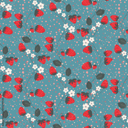 Seamless pattern with strawberry on color background. Natural delicious fresh ripe tasty fruit. Vector illustration for print, fabric, textile, banner, other design. Food concept.