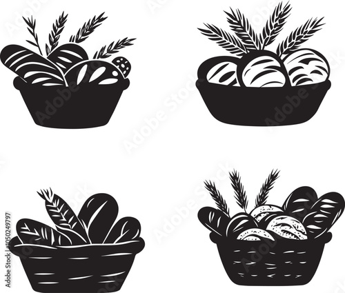 Silhouette of a basket filled with freshly baked bread, vector silhouette