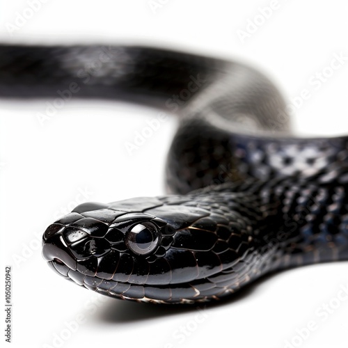 Eastern Indigo Snake displays its sleek glossy black scales while fully stretched out on a bright white background emphasizing its distinctive features. photo