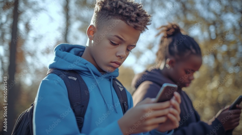 Multiracial Teenagers Engaged with Mobile Technology in Outdoor Setting. Generative ai Multiracial Teenagers Engaged with Mobile Technology in Outdoor Setting. Generative ai