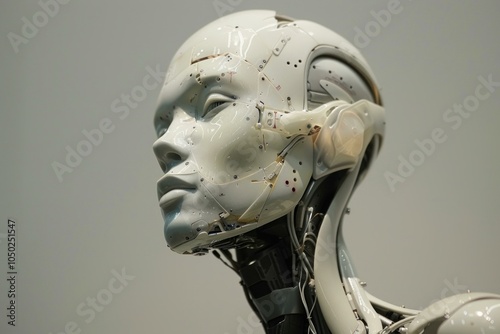 Close up of a humanoid robot's head, showcasing intricate circuitry and wiring photo