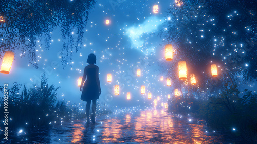 An Enchanting Twilight Journey of Contemplation and Comfort through a Path Surrounded by Luminescent Crystals and Tranquil Nature