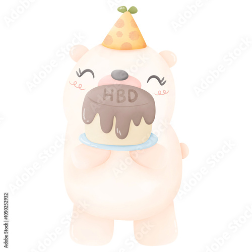 Cute Happy Birthday Party Bear with Cake illustration watercolor