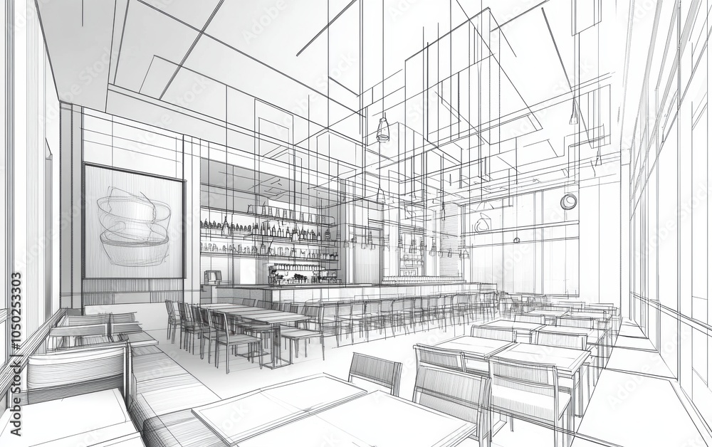 Fototapeta premium Bar Interior Sketch.