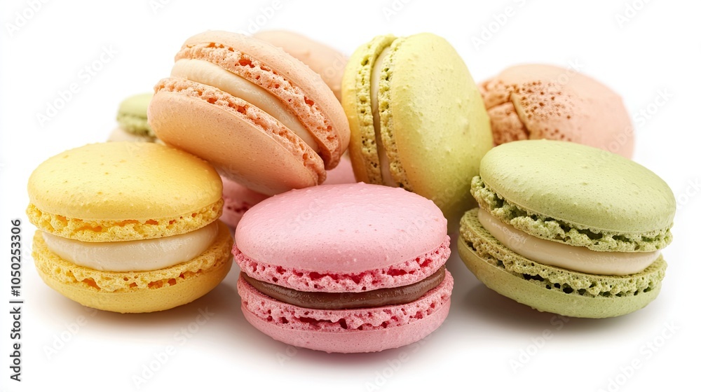 Obraz premium Assorted macarons in pink, yellow, and green, artistically arranged in a circle on a white background, highlighting their bright colors.