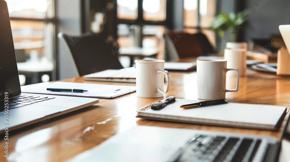 A desk in an office with a laptop, a notepad, and a cup of coffee. A desk in an office with a laptop, a notepad, and a cup of coffee.