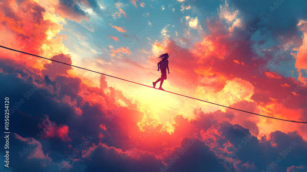 Innovative Vector Artwork of a Silhouette Man Sprinting on a Tightrope Above Fluffy Clouds Innovative Vector Artwork of a Silhouette Man Sprinting on a Tightrope Above Fluffy Clouds