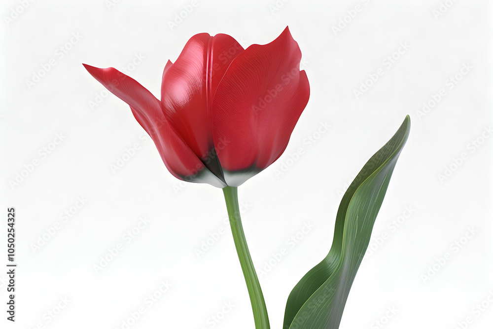 A single red tulip with a white stripe on the petal, isolated on a white background.