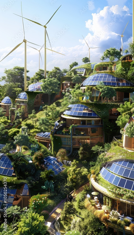 Obraz premium Sustainable Community Design Featuring Solar Homes and Wind Turbines for Eco-Friendly Living