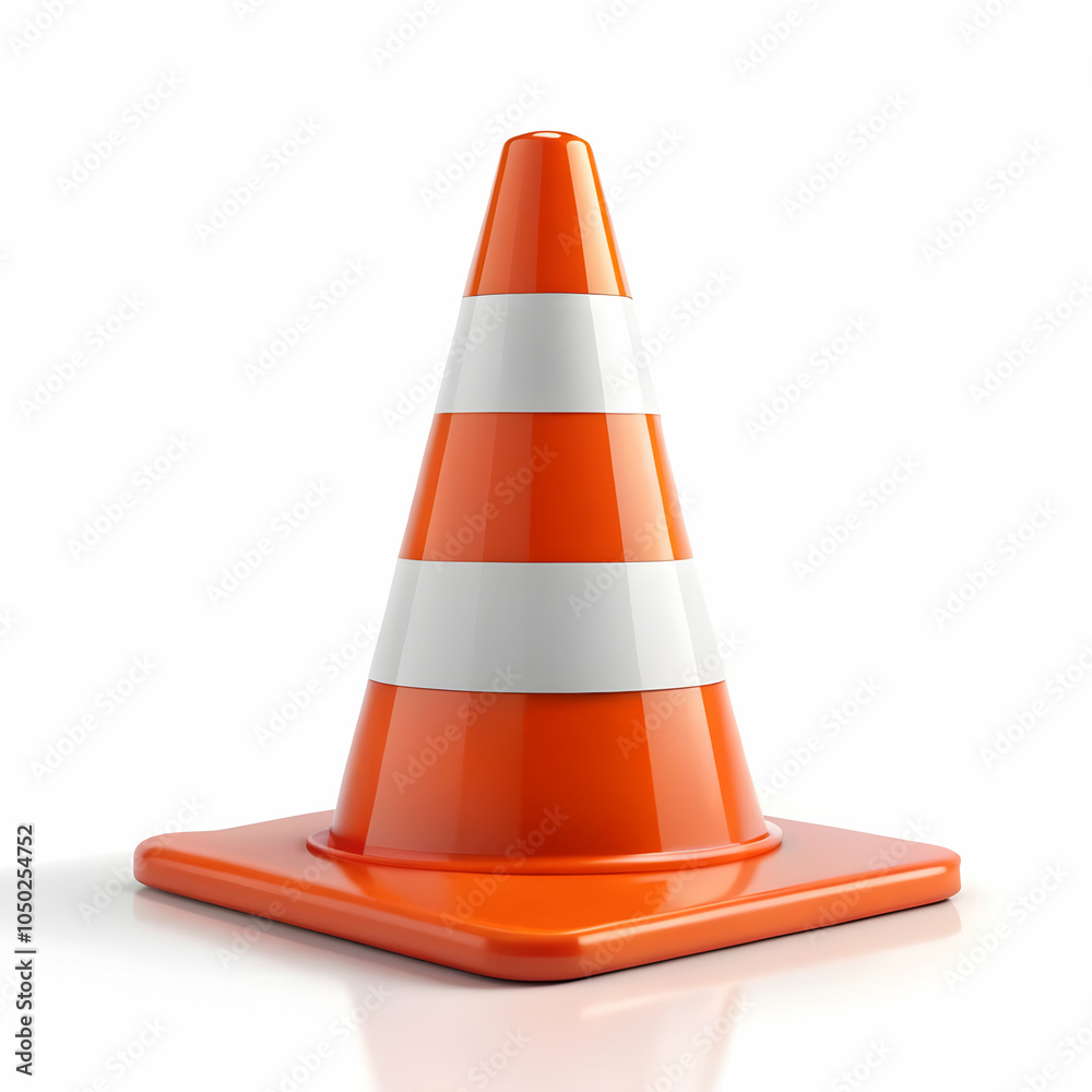 A bright orange and white traffic cone stands on a white background. A bright orange and white traffic cone stands on a white background.
