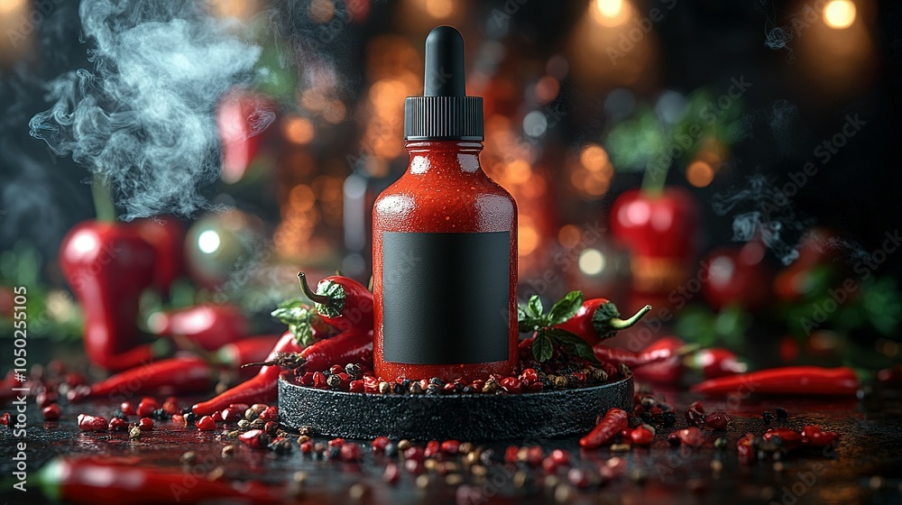 A Bottle of Chili Oil with Steam, Red Peppers, and Peppercorns A Bottle of Chili Oil with Steam, Red Peppers, and Peppercorns