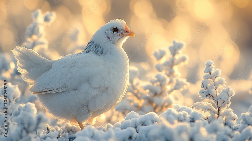 A white chicken stands in a snowy field with a soft golden glow in the background. A white chicken stands in a snowy field with a soft golden glow in the background.
